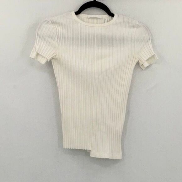 Helmut Lang Ivory Ribbed Uneven Hem Pima Cotton Blend Short Sleeve Knit Top XS - Picture 2 of 7